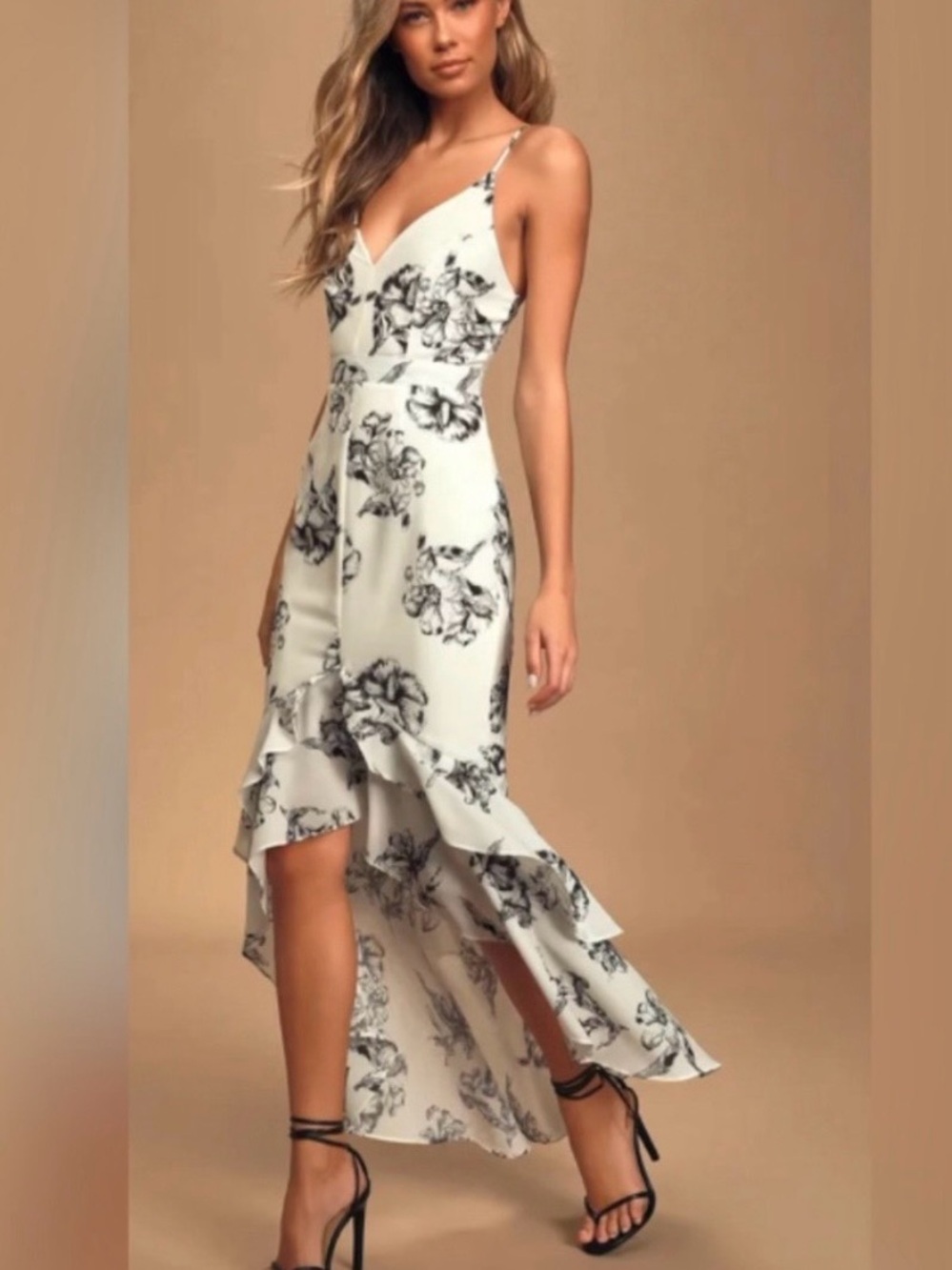 Lulu's White & Black Floral High-Low Ruffle Dress - Picture 2 of 8